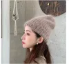 Sequined long rabbit fur pullover hat, autumn and winter warm woolen hat, knitted plush ear protector, custom-made by Russian manufacturer details Picture